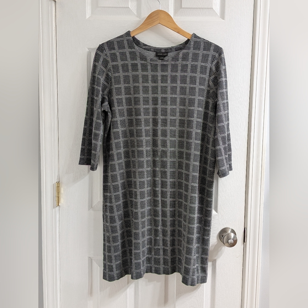 J. Jill Black and Gray Patterned 3/4 Sleeve Dress‎ Wearever Collection Large